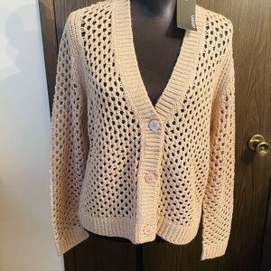 Open-Knit Beige Button-Front Cardigan Sweater